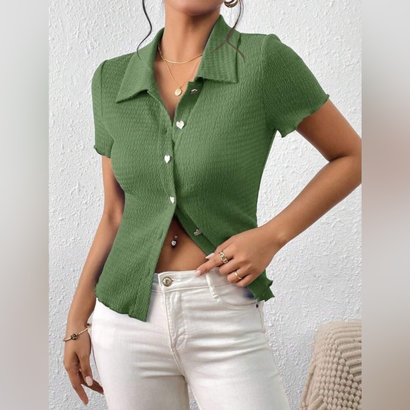 Green Fitted Ribbed Button Down Shirt - Picture 3 of 9